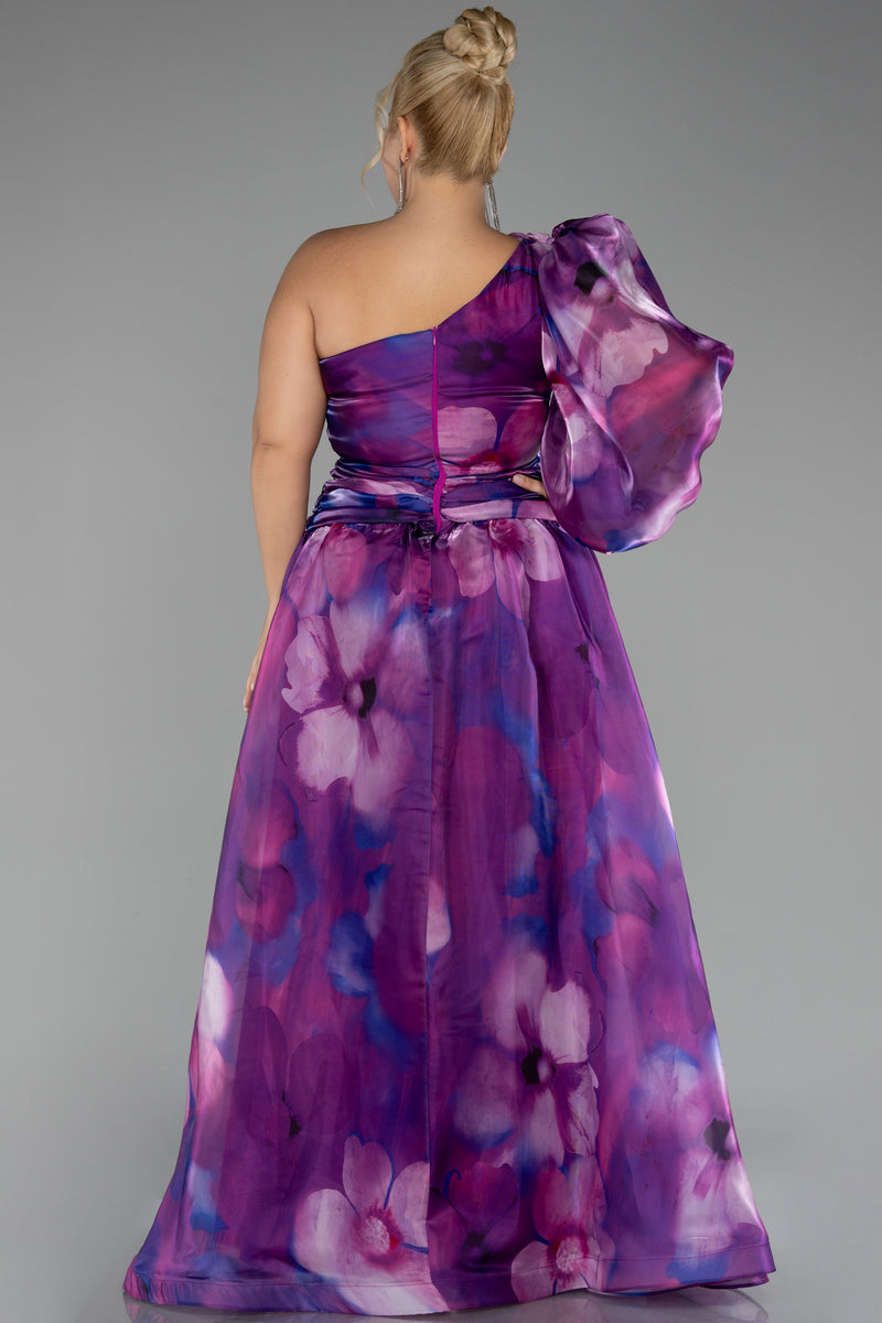 Gisella Purple Floral One Sleeve Gown