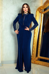 Glenda Navy Blue Embellished Long Sleeves Gown