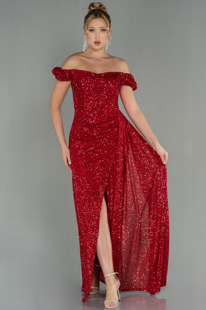 Gwen Red Sequin Plus Size Off Shoulder Straps Gown with Slit and Train ...