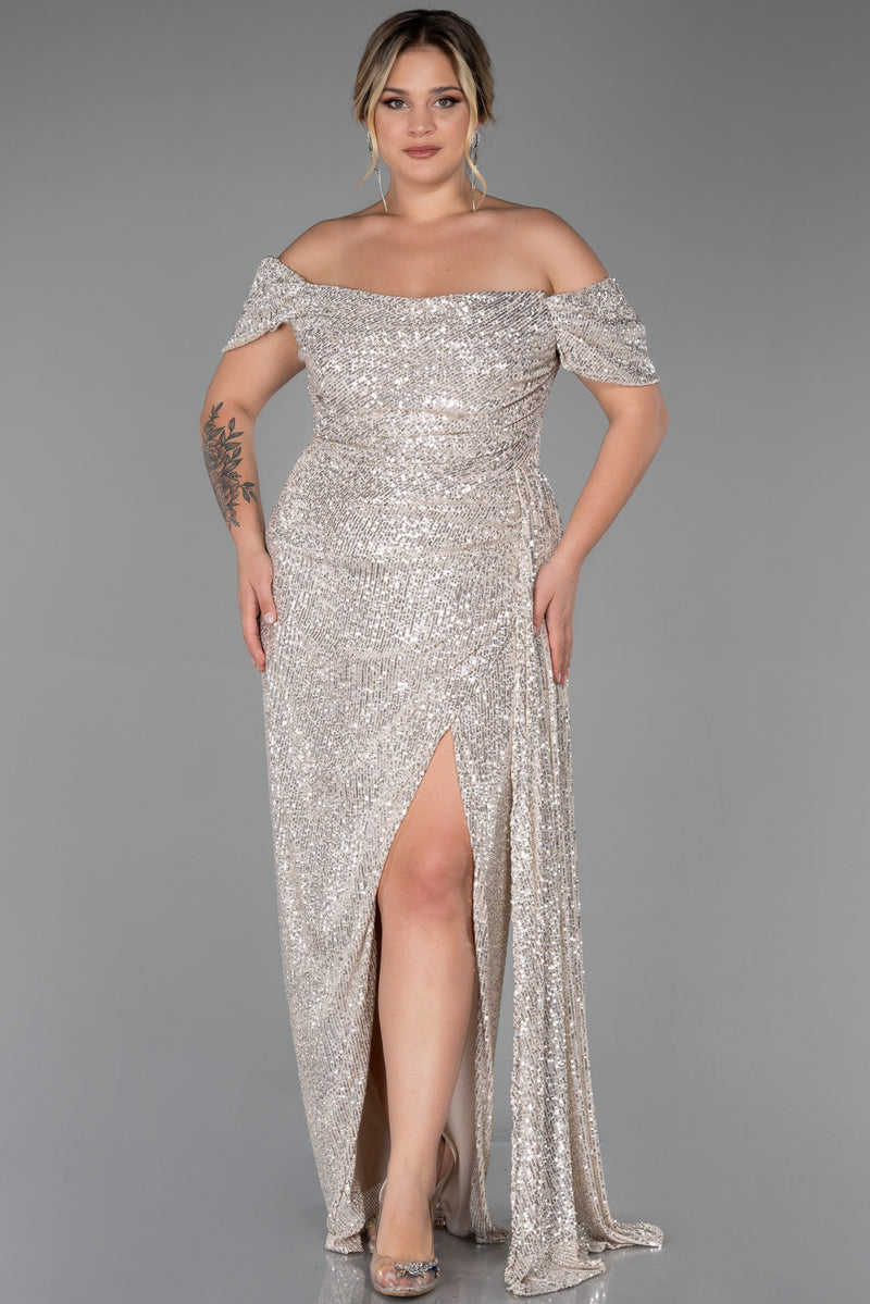 Gwen Silver Sequin Off Shoulder Gown