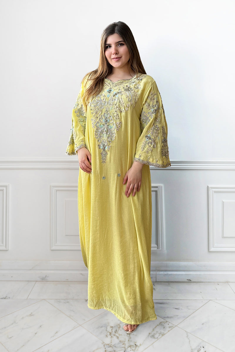 Hadia Embellished Yellow Caftan Dress