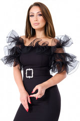 Joselyn Black Organza Ruffle Midi Dress