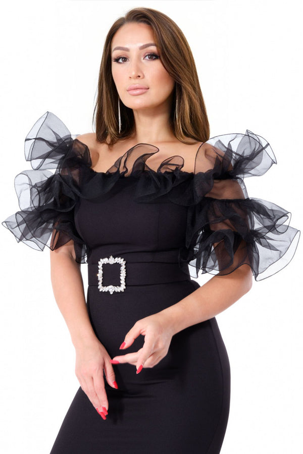 Joselyn Black Organza Ruffle Midi Dress