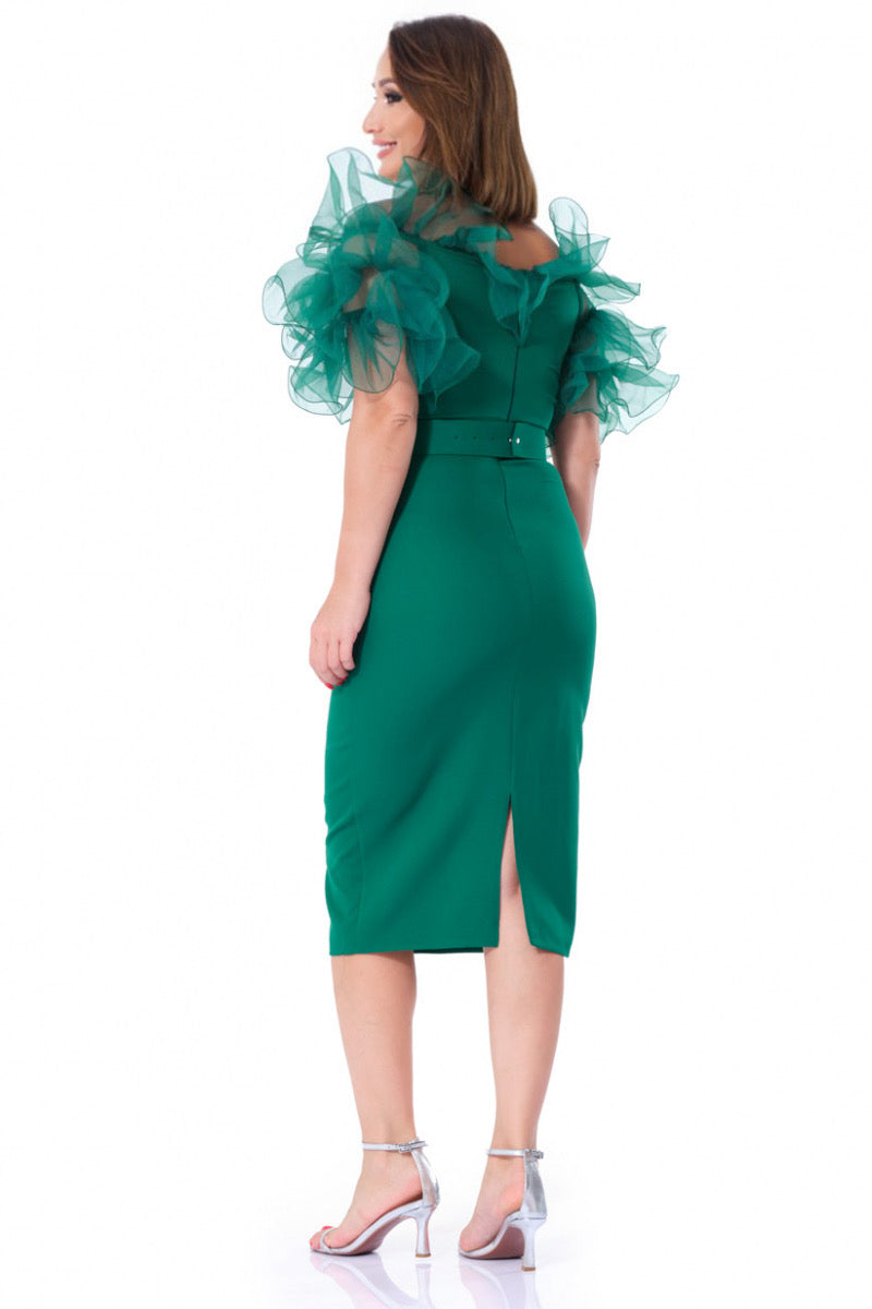 Joselyn Green Organza Ruffle Midi Dress