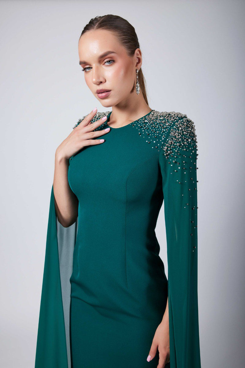 Aisha maxi green cape dress with beading and crystal stone shoulder embellishment unmatchedbyu Aisha maxi green cape dress with beading and crystal stone shoulder embellishment unmatchedbyu