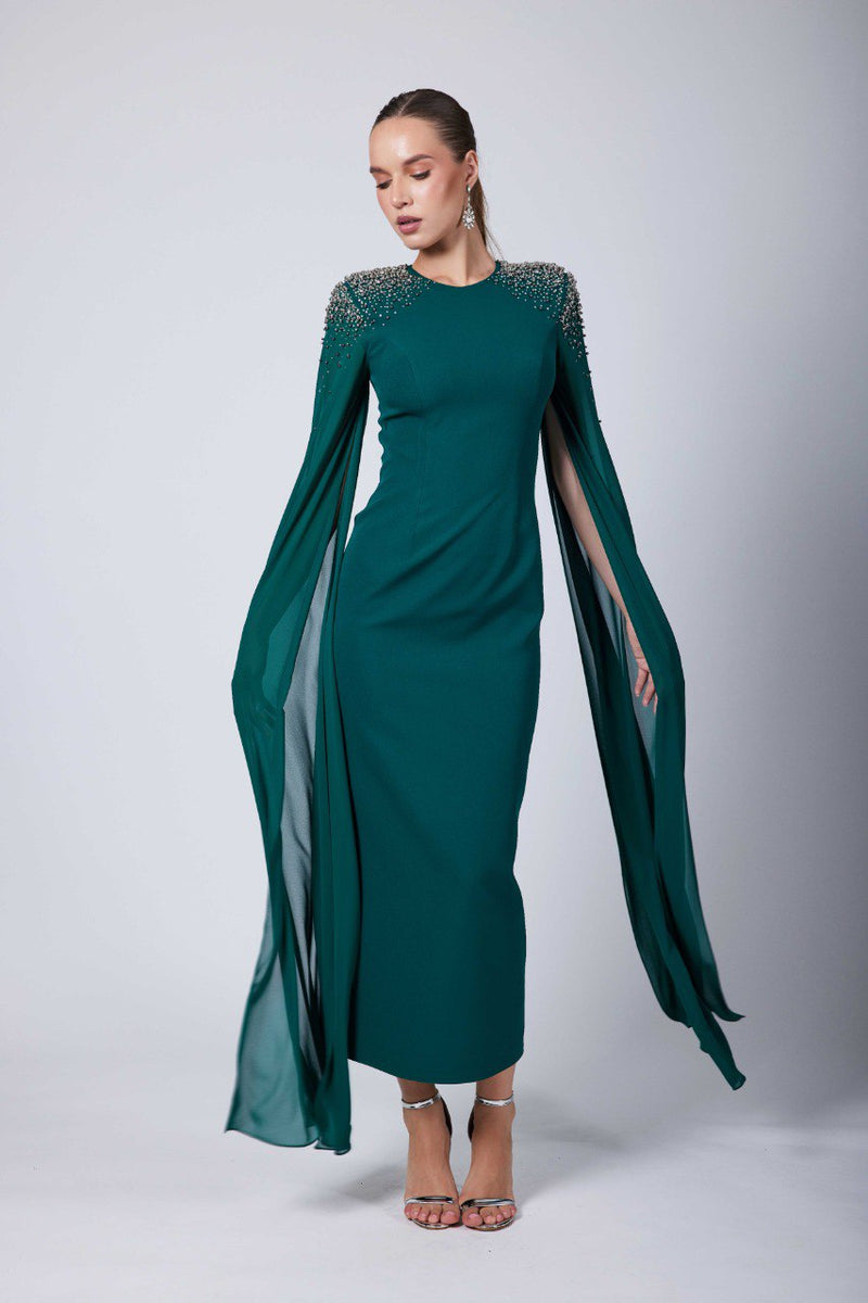 Aisha maxi green cape dress with beading and crystal stone shoulder ...