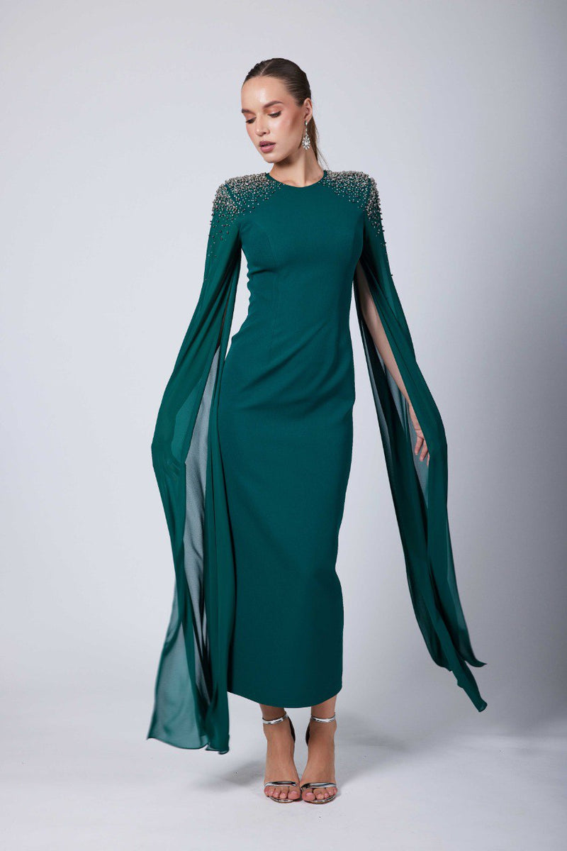 Aisha Maxi Green Cape Dress with Beading and Crystal Stone Shoulder Embellishment 14 (US) Aisha Maxi Green Cape Dress with Beading and Crystal Stone Shoulder Embellishment 14 (US)