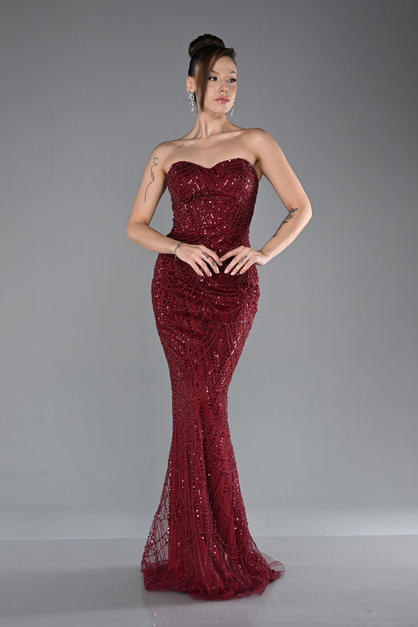 Idina Burgundy Beaded Cape Gown