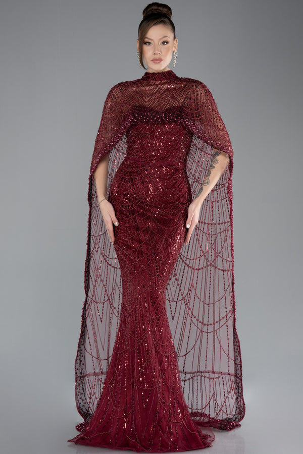 Idina Burgundy Beaded Cape Gown