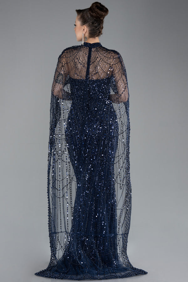 Idina Navy Beaded Cape Gown