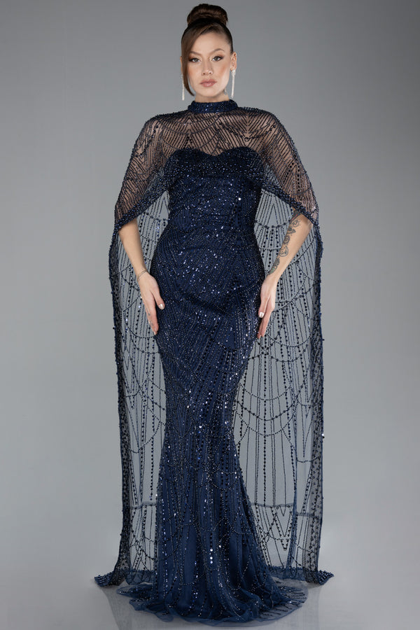 Idina Navy Beaded Cape Gown