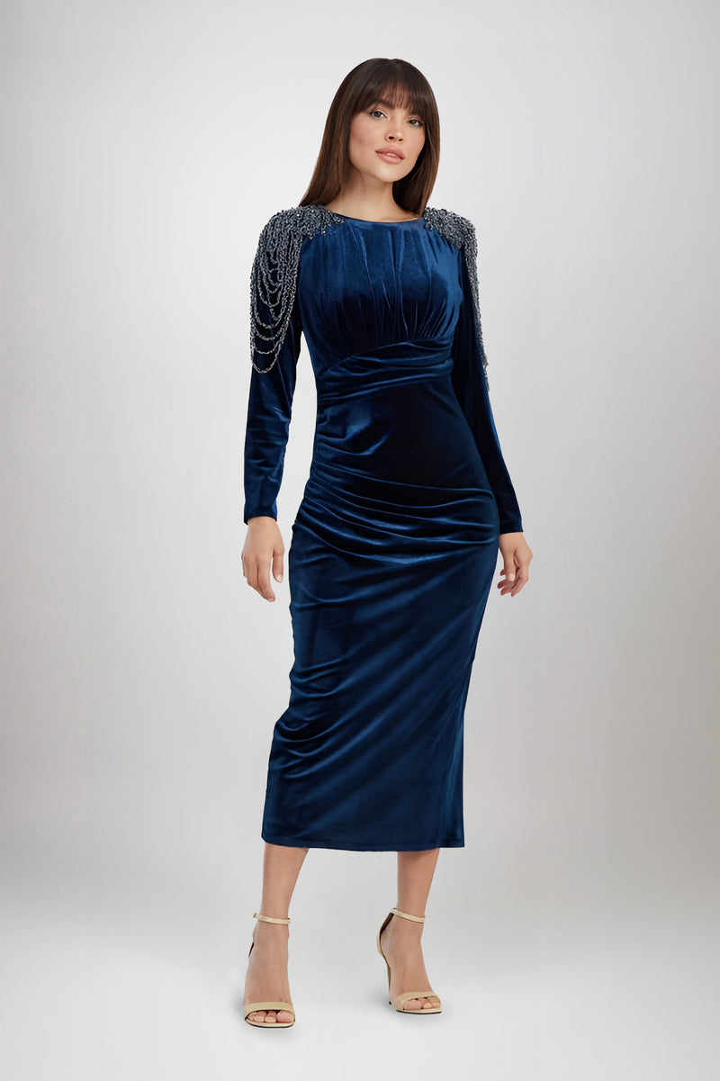 Irena Navy Blue Velvet Embellished Long Sleeve Midi Dress 16 Irena Navy Blue Velvet Embellished Long Sleeve Midi Dress 16