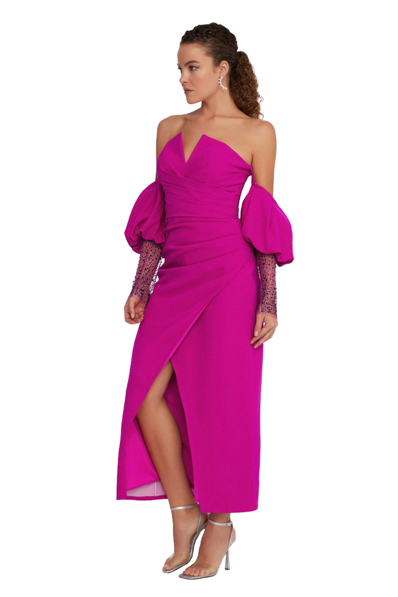 Jasmine Puff Sleeves Off Shoulder Maxi Fuchsia Dress M (6)
