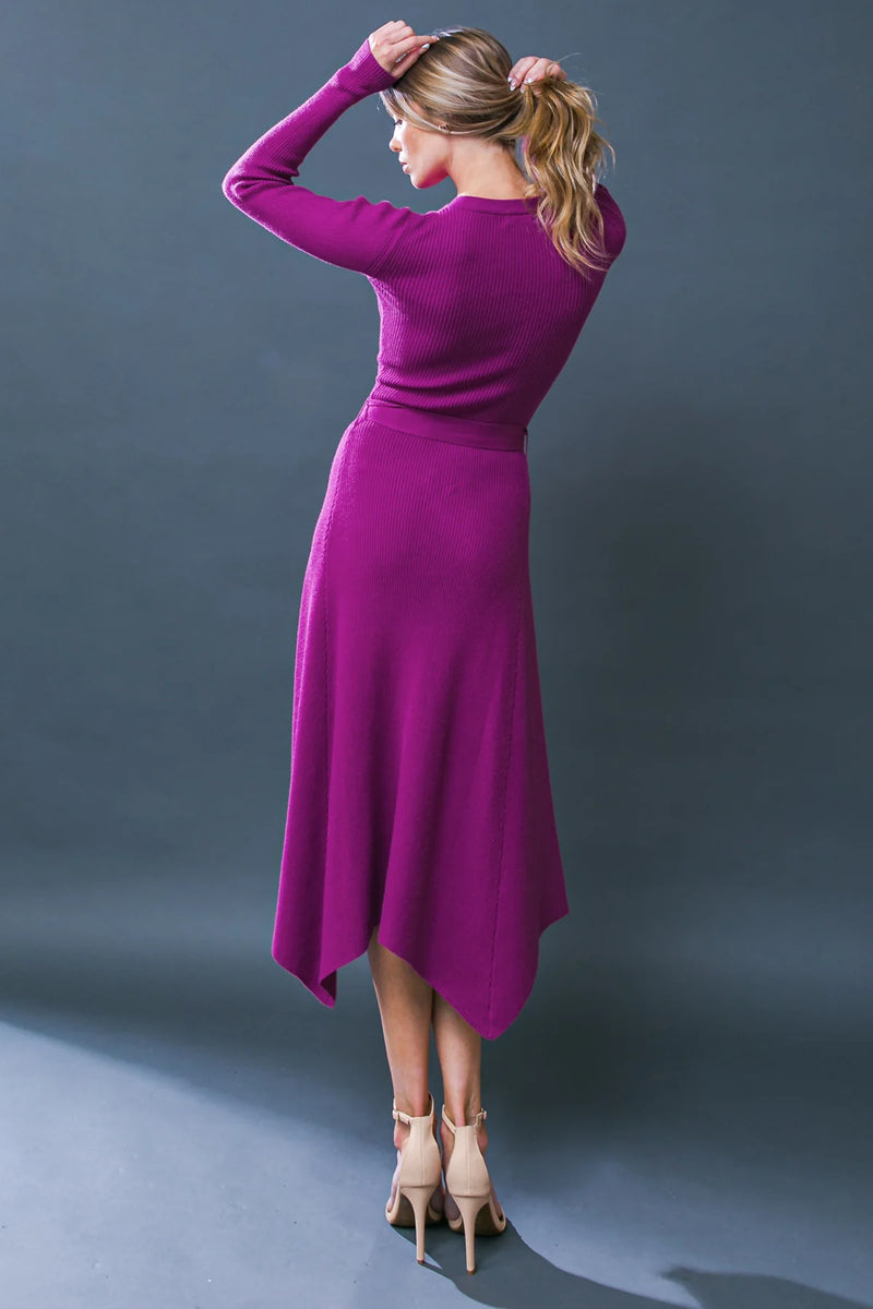 Joy Asymmetrical Hem Tie Waist Midi Sweater Dress Magenta Orchid Long Sleeves Ribbed knit fabric Orchid Fuchsia unmatchedbyu Joy Asymmetrical Hem Tie Waist Midi Sweater Dress Magenta Orchid Long Sleeves Ribbed knit fabric Orchid Fuchsia unmatchedbyu