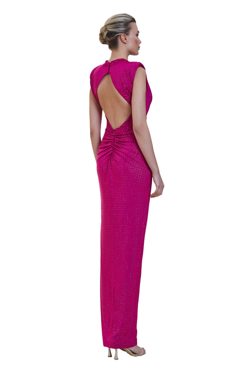 Julia Rhinestone Fuchsia Open Back High Neck allover crystal Gown unmatchedbyu Julia Rhinestone Fuchsia Open Back High Neck allover crystal Gown unmatchedbyu