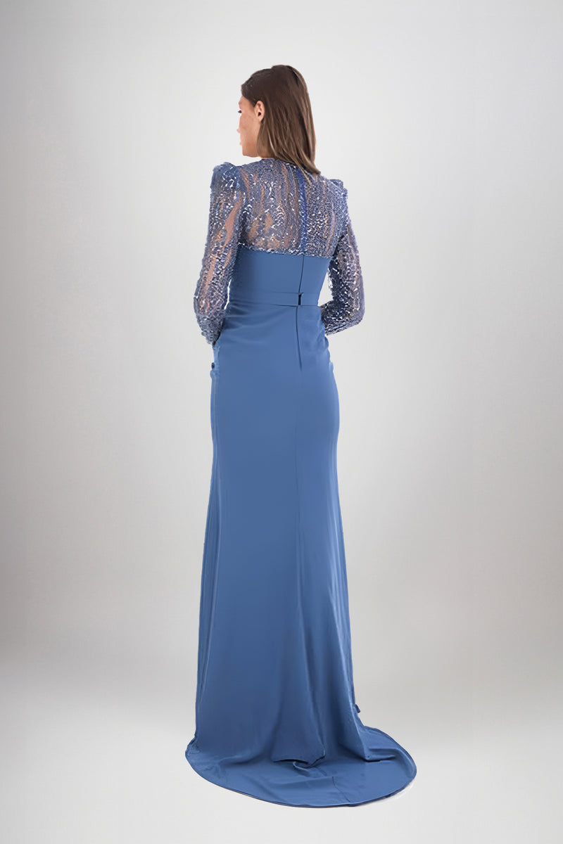 Julianne Indigo Blue Embellished Long Sleeves Gown