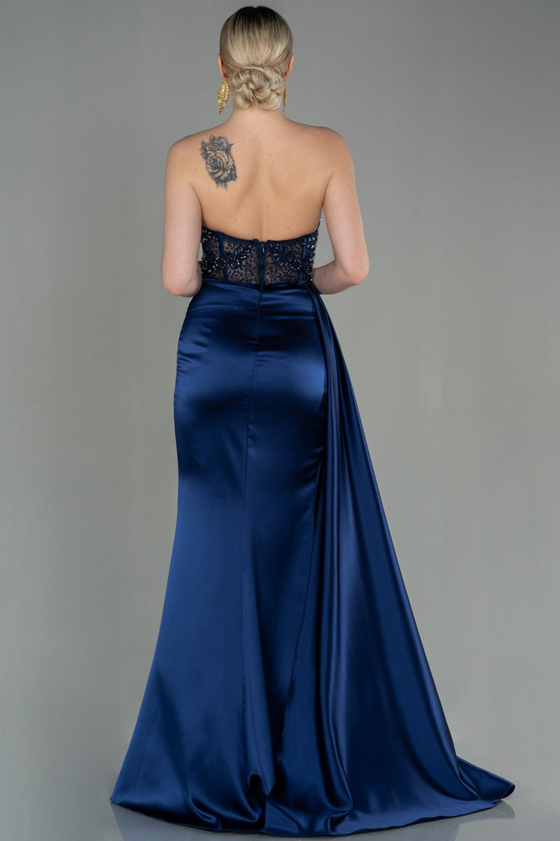 navy satin lace dress All The Right Reasons Navy Satin Lace Trim Maxi Dress