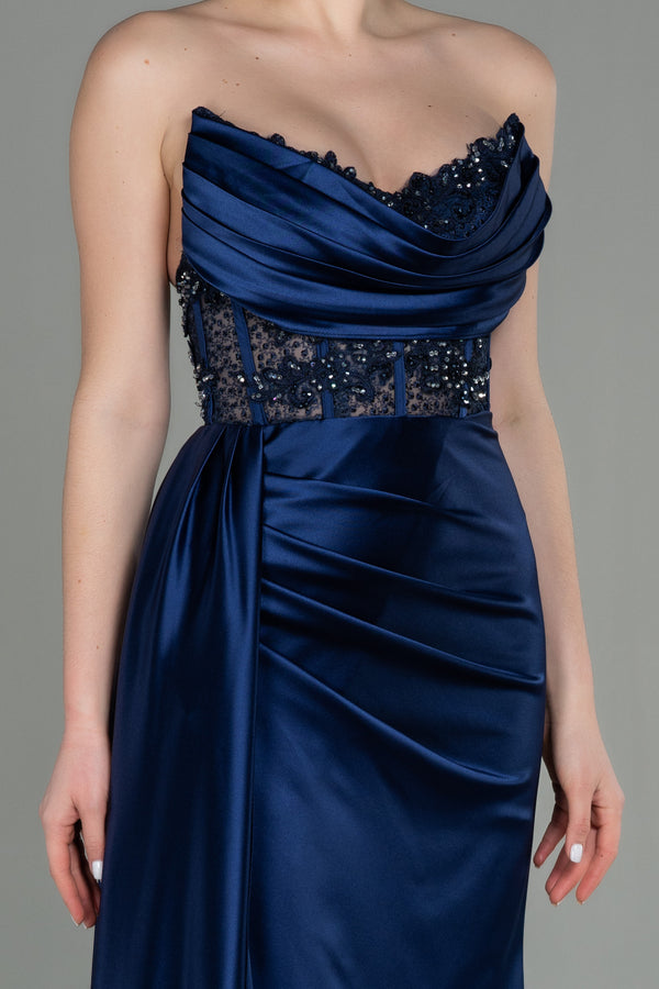 Karis Navy Satin Lace Gown