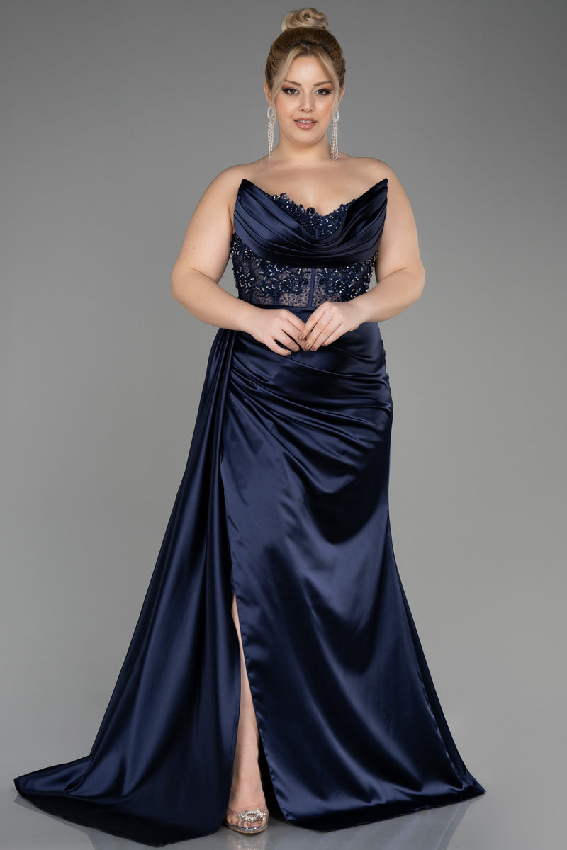 Karis Navy Satin Lace Gown Karis Navy Satin Lace Gown