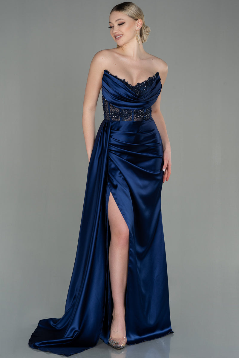 Karis Navy Satin Lace Gown Karis Navy Satin Lace Gown
