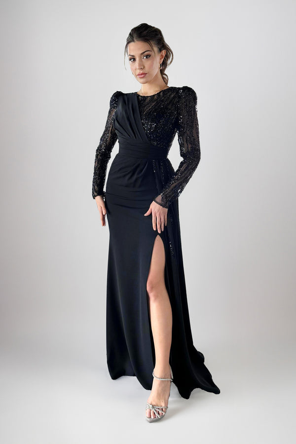 Leilani Black Embellished Long Sleeves Gown