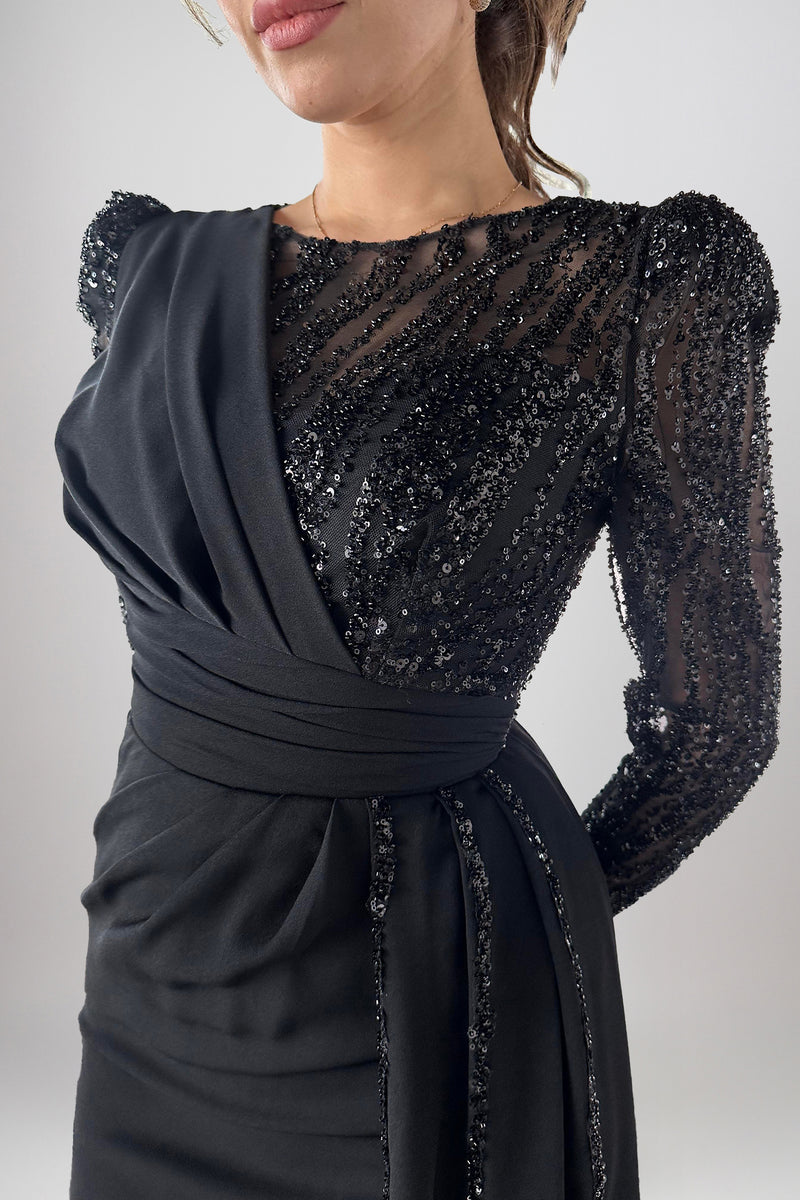 Leilani Black Embellished Long Sleeves Gown