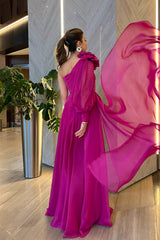 Madeline Floral Shoulder Fuchsia One Sleeve Gown