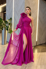 Madeline Floral Shoulder Fuchsia One Sleeve Gown