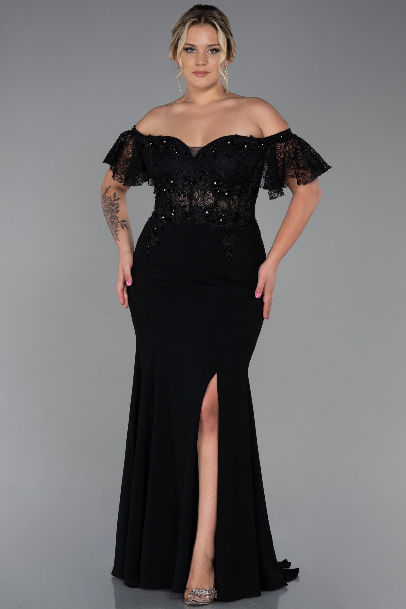 Manuela Black Plus Size Gown Lace Crepe Fabric with Floral embroidery ...