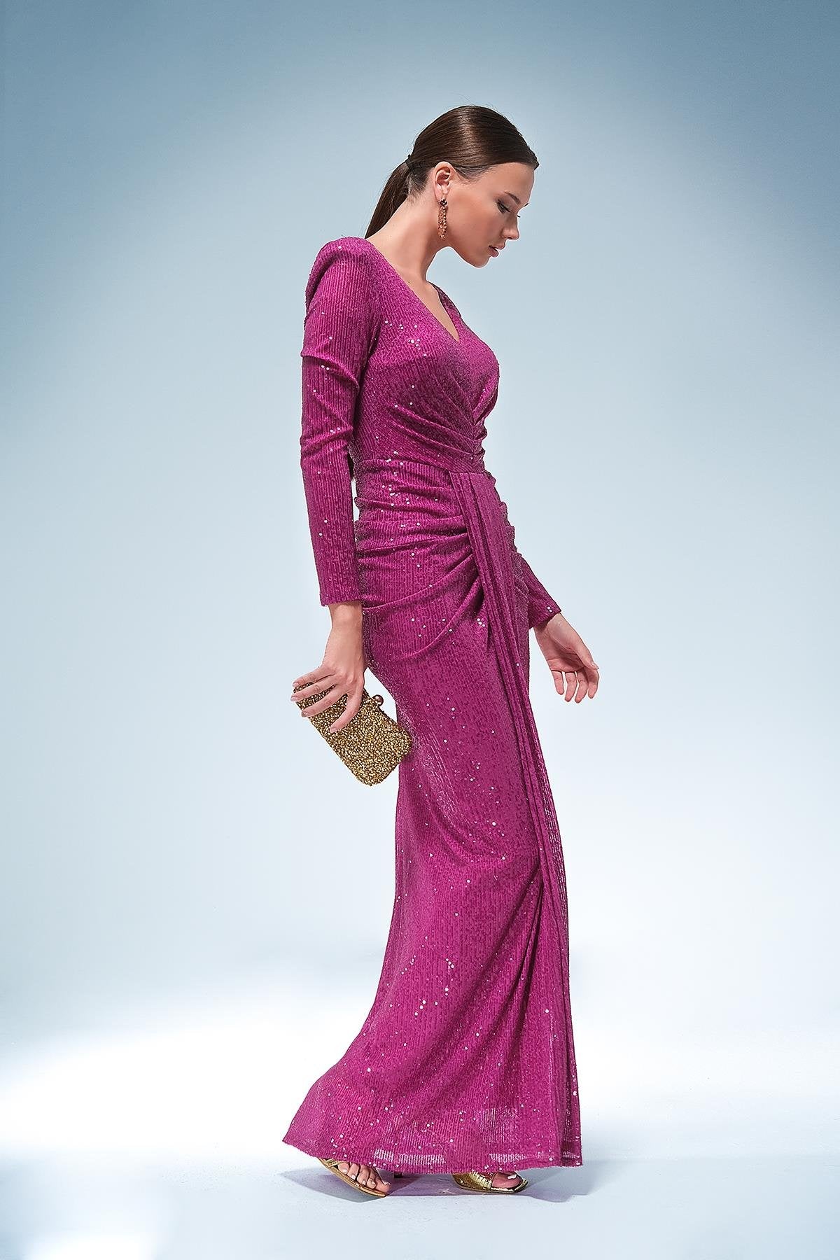 white christmas dresses Marisella Fuchsia Sequin Ruched Mermaid Maxi Dress 4