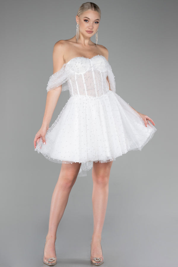 Marla White Pearls Bridal Mini Dress