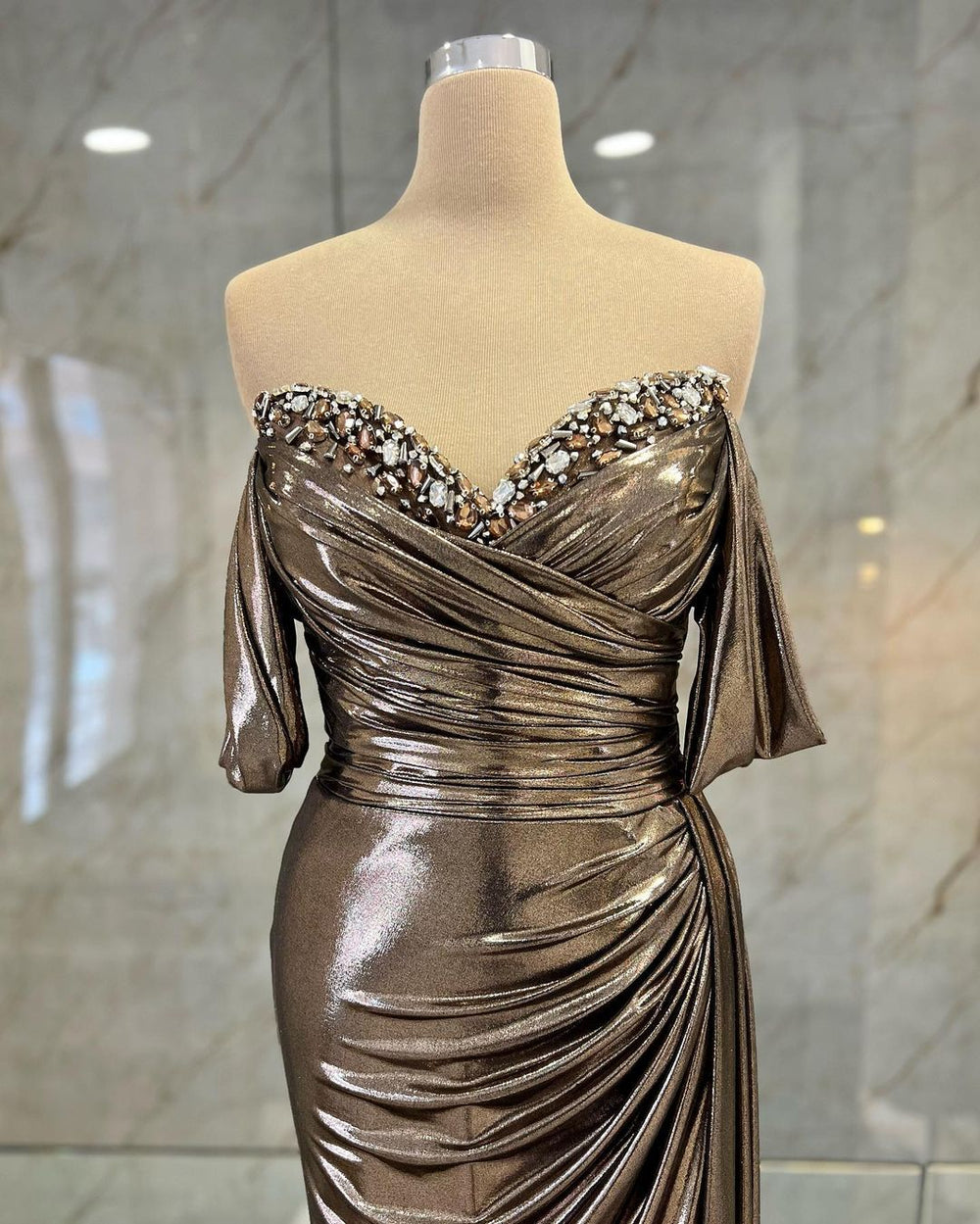 Mirabel Bronze Metallic Embellished Off Shoulder Gown unmatchedbyu Mirabel Bronze Metallic Embellished Off Shoulder Gown unmatchedbyu