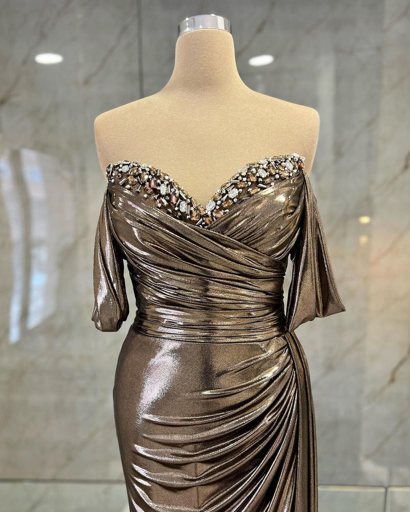 Mirabel Bronze Metallic Embellished Off Shoulder Gown unmatchedbyu Mirabel Bronze Metallic Embellished Off Shoulder Gown unmatchedbyu
