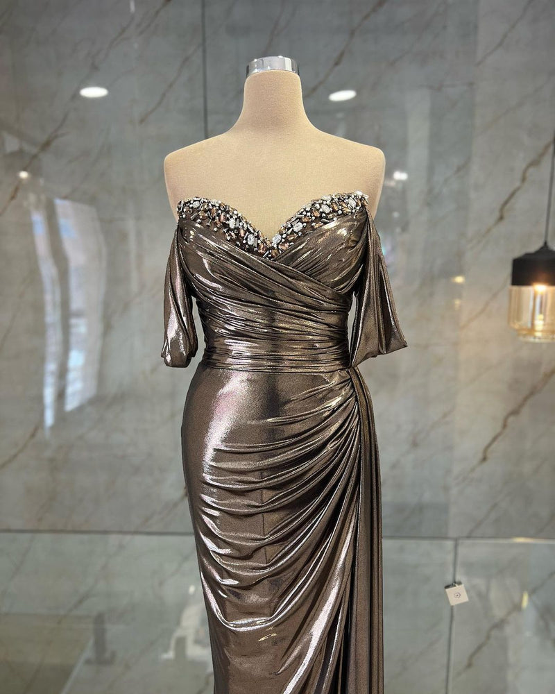 Mirabel Bronze Metallic Embellished Off Shoulder Gown unmatchedbyu Mirabel Bronze Metallic Embellished Off Shoulder Gown unmatchedbyu