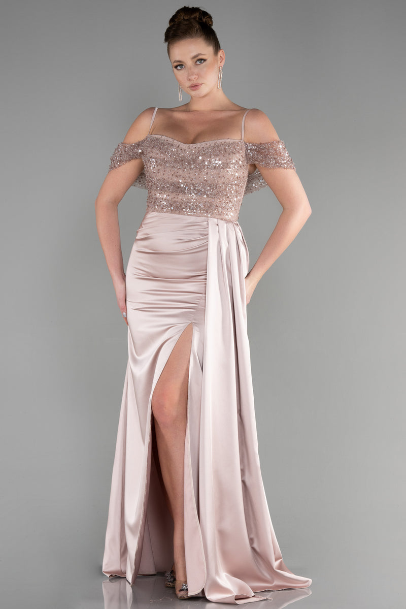 Patricia Beige Strapless Boat Neck Gown