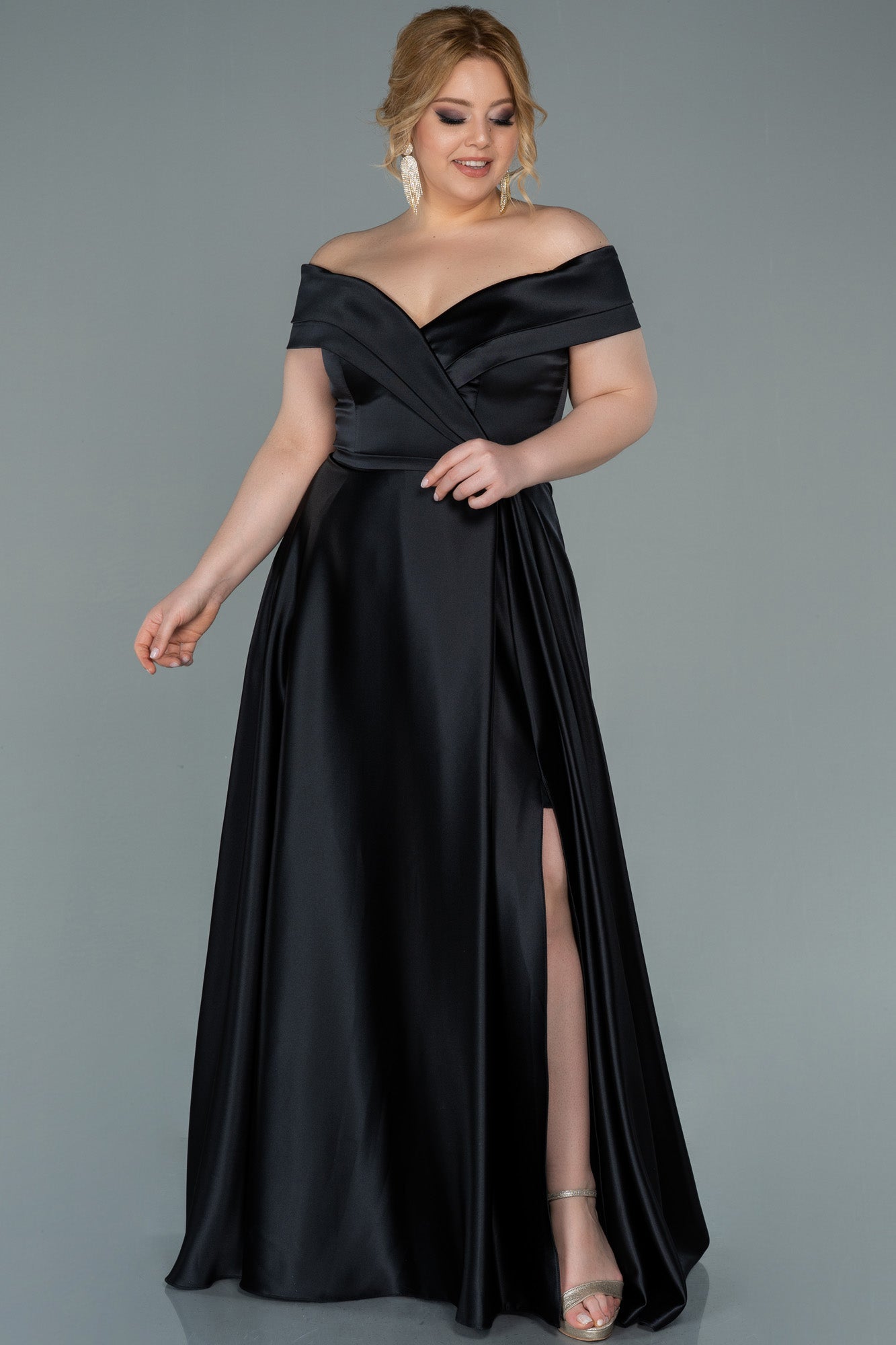 Ramona Plus Size Black Off Shoulder Straps Satin Gown with Slit ...