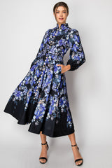 Blaire Blue Floral Long Puff Sleeve Floral Print Midi Dress