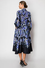 Blaire Blue Floral Long Puff Sleeve Floral Print Midi Dress