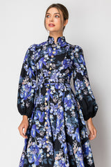 Blaire Blue Floral Long Puff Sleeve Floral Print Midi Dress