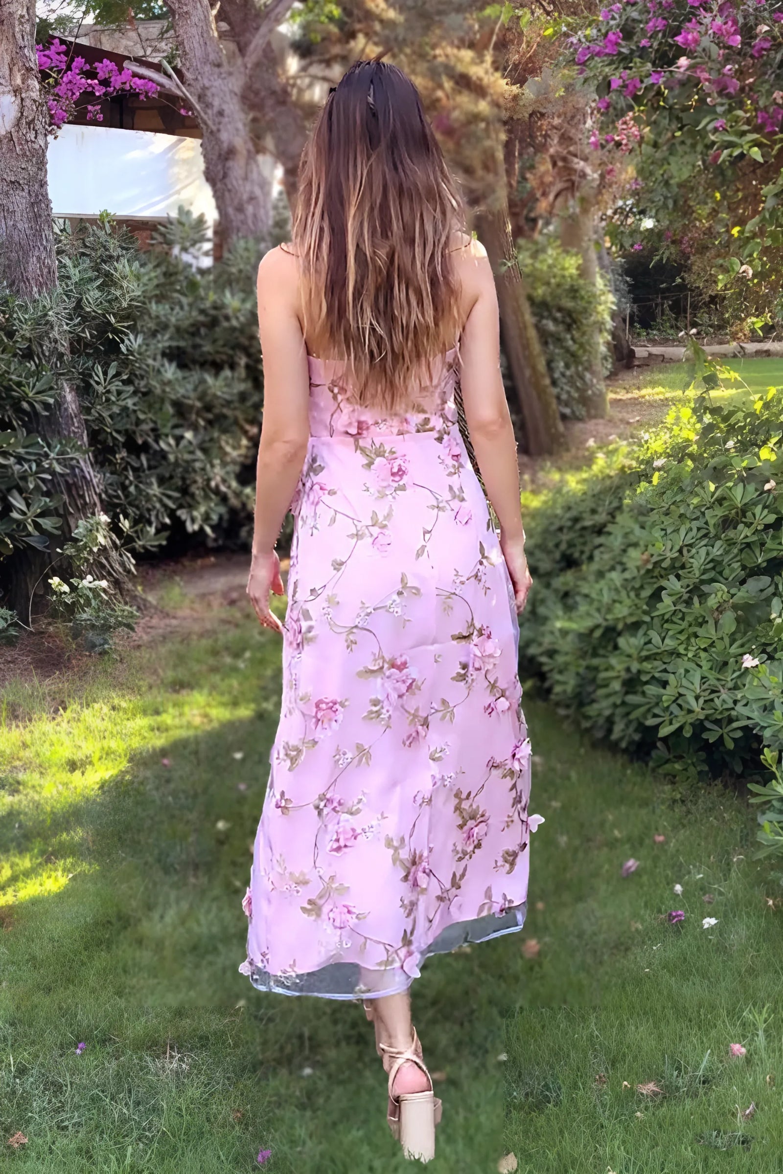 chinese dress ladies PINK LINEN DRESS WITH FRILLS