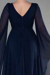 Safa Navy Cape Sleeves Gown