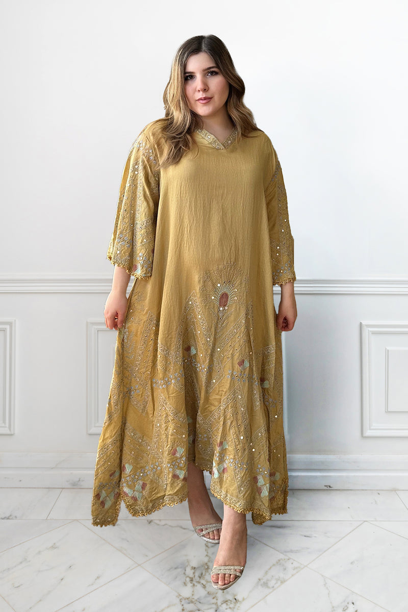 Sanaa Embellished Mustard Caftan Dress