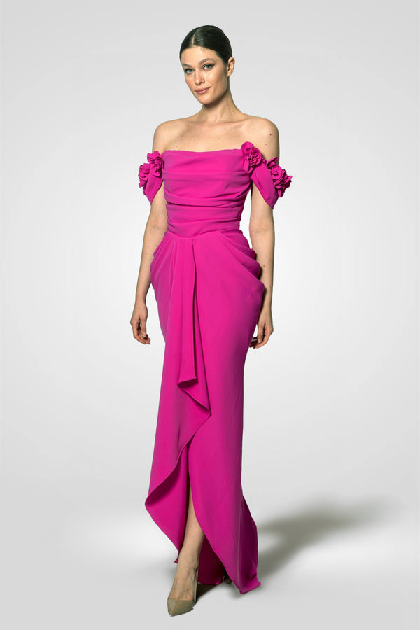 Serena Royal Pink Floral Shoulder Gown