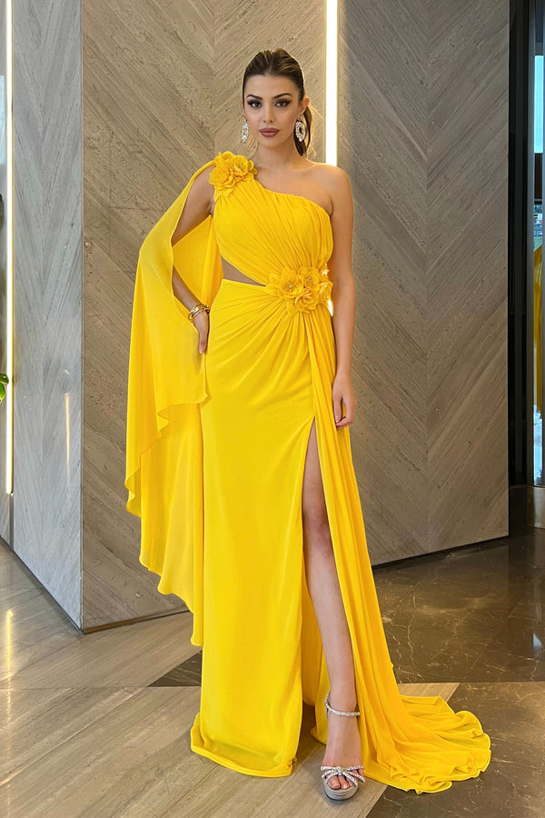 Serenity Floral Yellow One Sleeve Gown