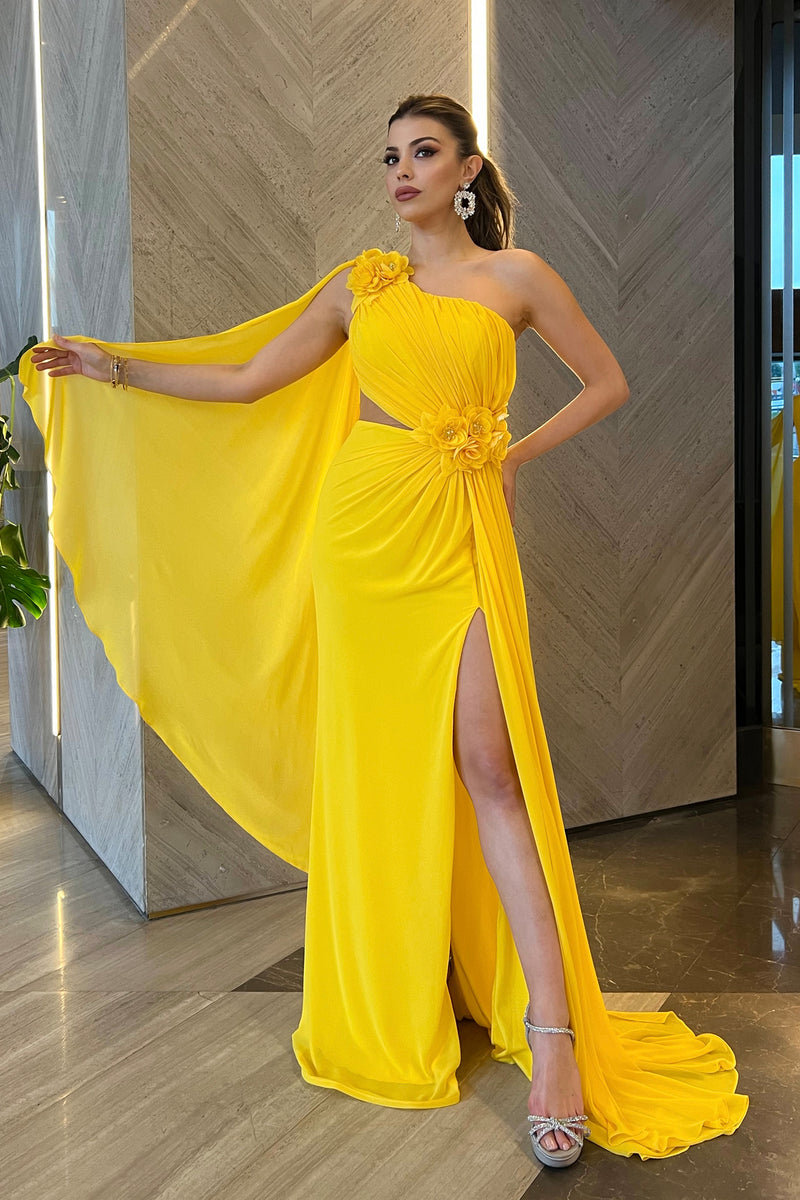 Serenity Floral Yellow One Sleeve Gown