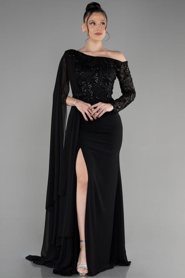Susana Black Long Sleeve Cape Gown
