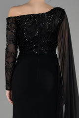 Susana Black Long Sleeve Cape Gown