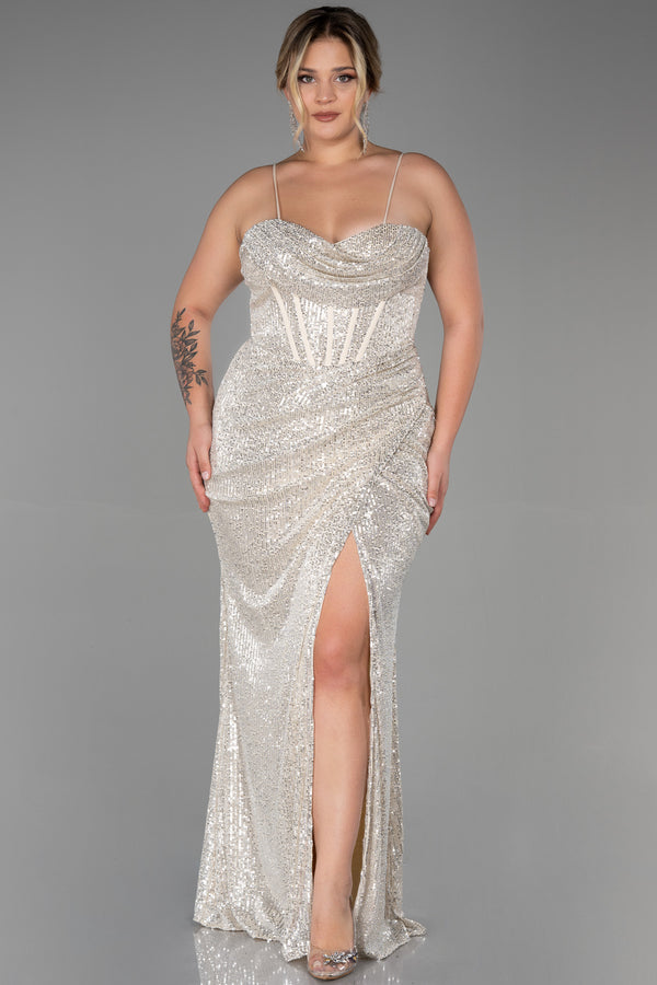 Talia Silver Nude Sequined Gown