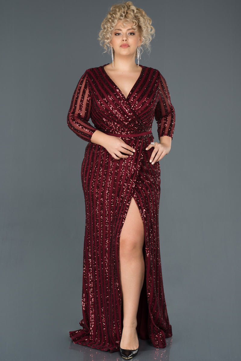 Toya Burgundy Long Sleeves Sequin Gown