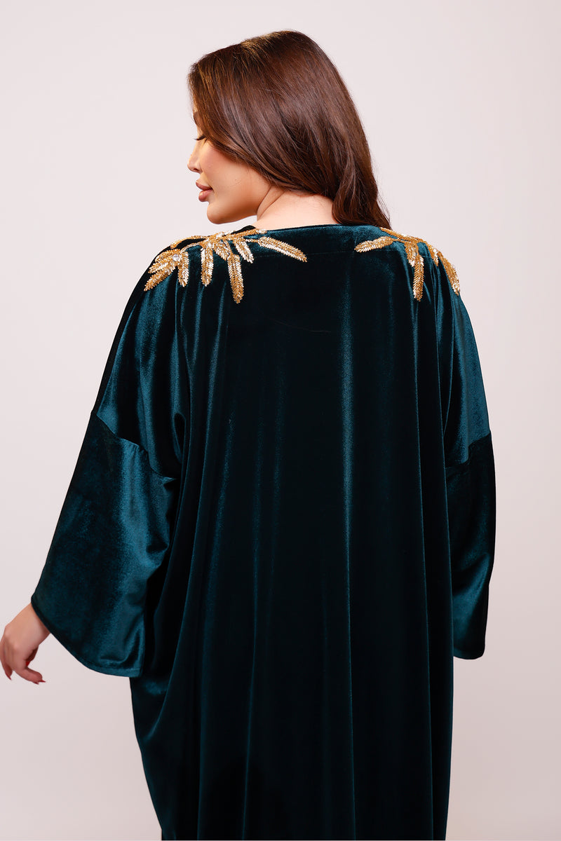 Zendaya Teal Green Embellished Velvet Abaya